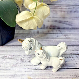Vintage Miniature Porcelain Mother Baby Unicorn Figurine Snuggling Gold Trim